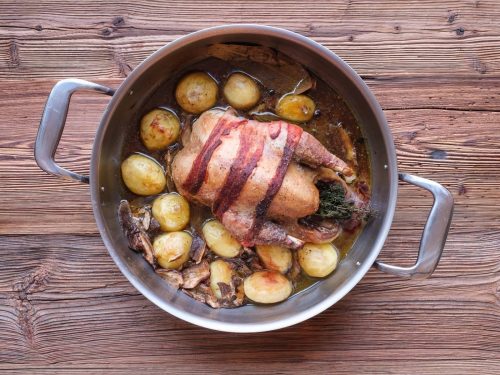 Roast Pheasant with Wild Mushroom, Potato & Bacon Ragout