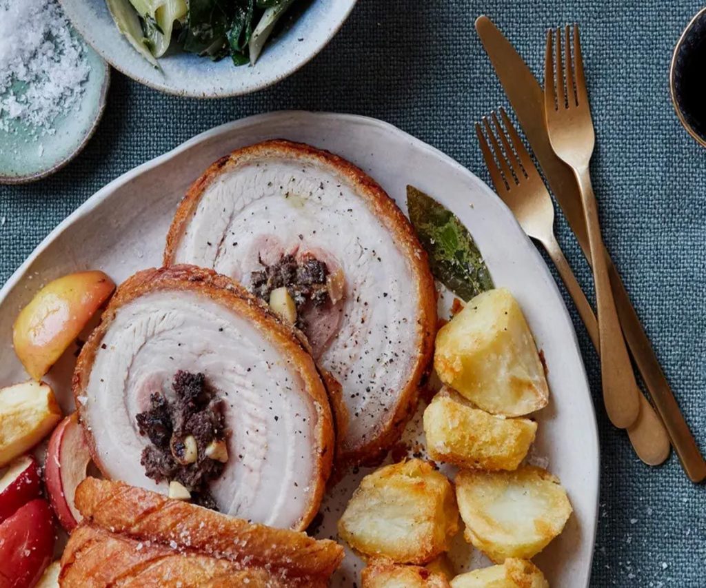 Roast Pork with Sage & Double Onion Stuffing, Baked Apples & Roasties