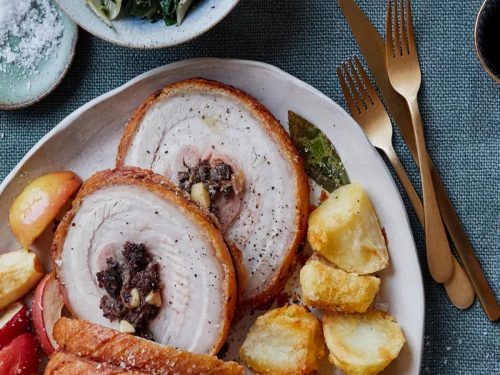 Roast Pork with Sage & Double Onion Stuffing, Baked Apples & Roasties