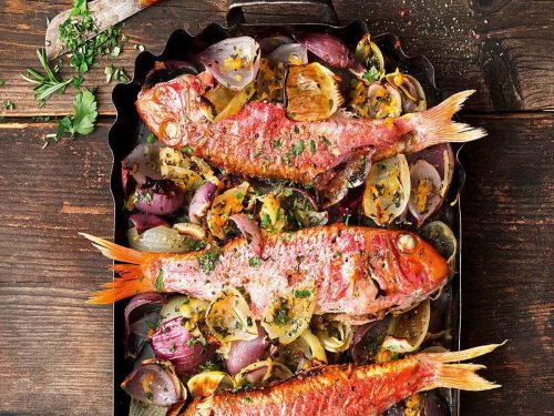 Roast Red Mullet with Tarragon & Pancetta