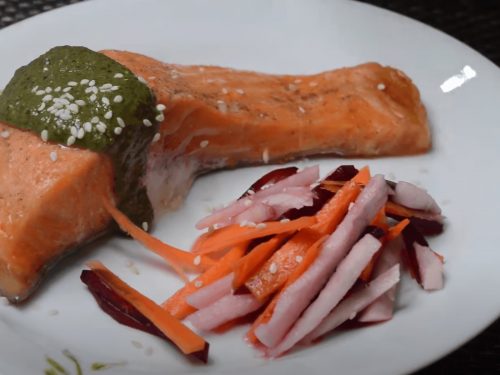 Roast Salmon with Pesto Sauce & Beetroot Slaw