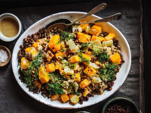 Roast Squash with Goat's Cheese & Puy Lentils