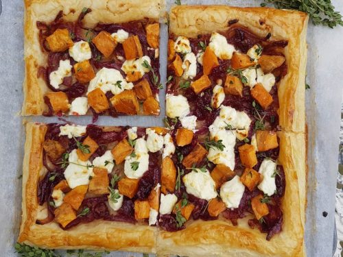 Roast Sweet Potato & Onion Tart with Goat’s Cheese