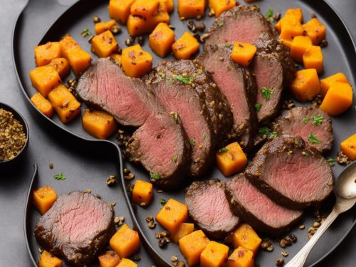 Roast venison loin with pumpkin & Sichuan salt