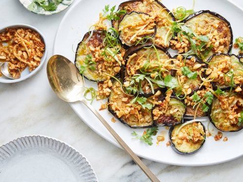 Roasted Aubergine with Chilli Peanut Dressing