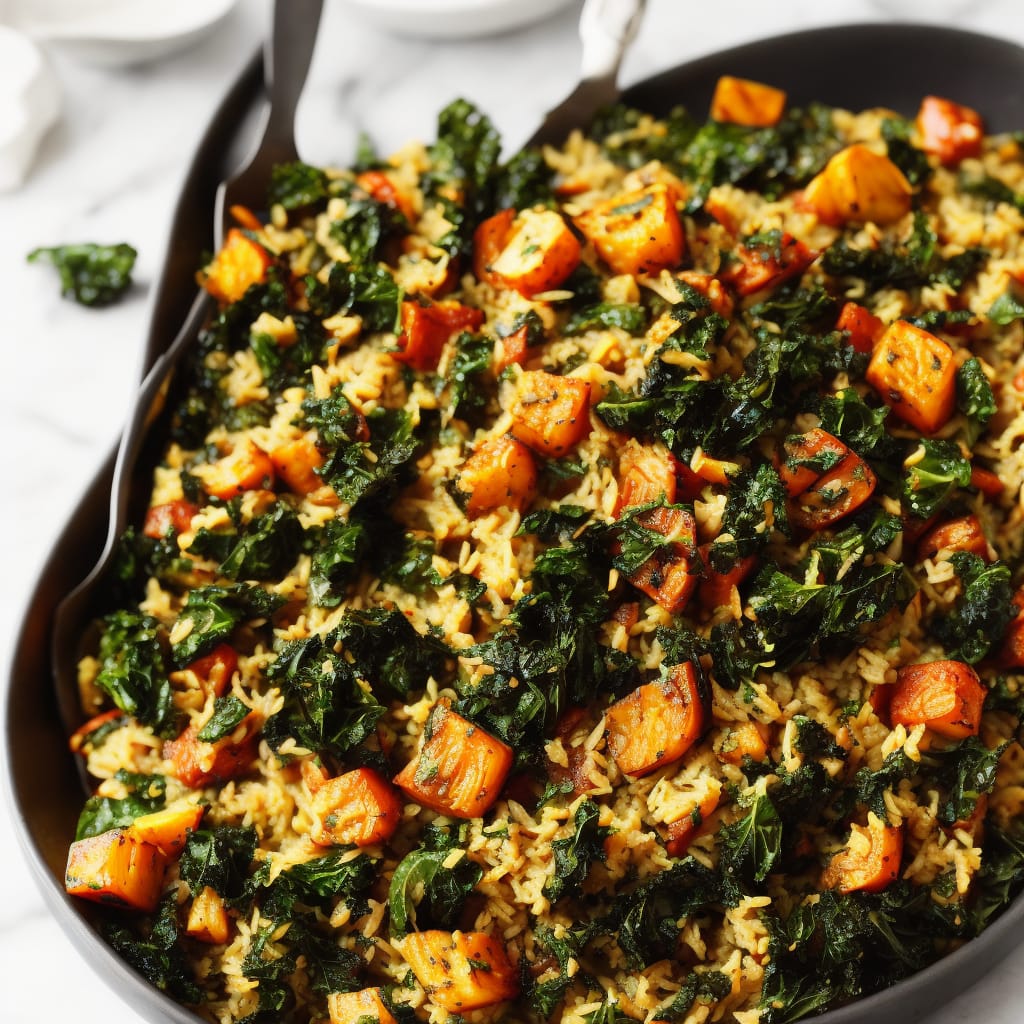 Roasted harissa vegetables with kale & ginger pilaf