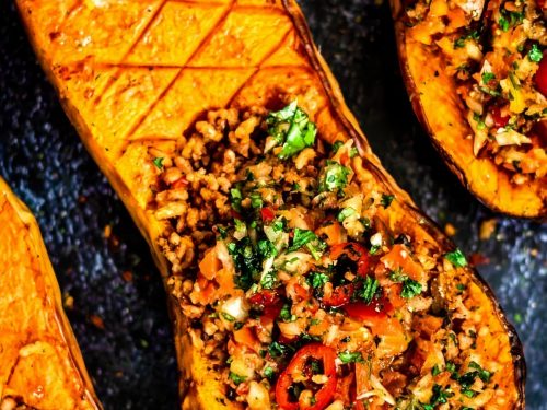 Roasted Stuffed Squash with Herby Pistachio Salsa