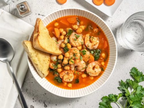 Seared Garlic Seafood with Spicy Harissa Bisque