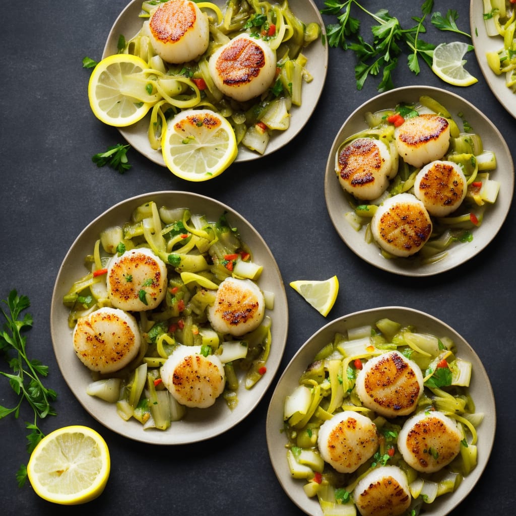 Seared scallops with leeks & lemon chilli butter