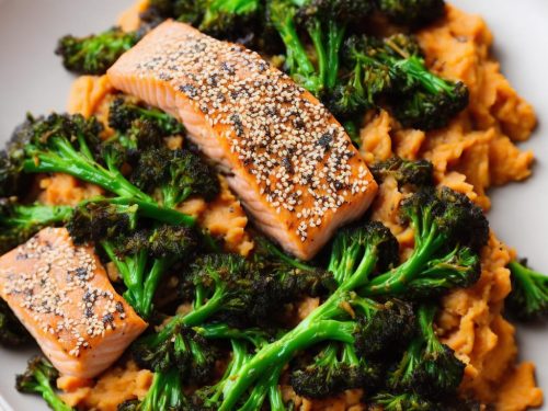 Sesame Salmon with Purple Sprouting Broccoli & Sweet Potato Mash