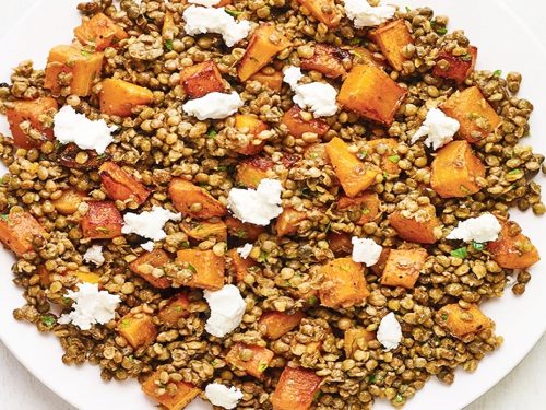 Slow-roast squash & garlic lentils with harissa yogurt