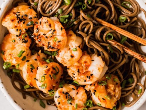 Soba Noodles with Wasabi Garlic Prawns