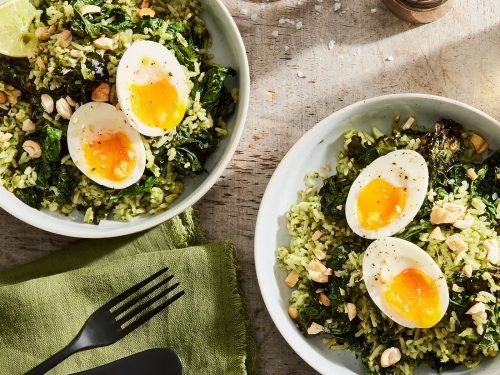 Soft-boiled eggs with black rice & aubergine