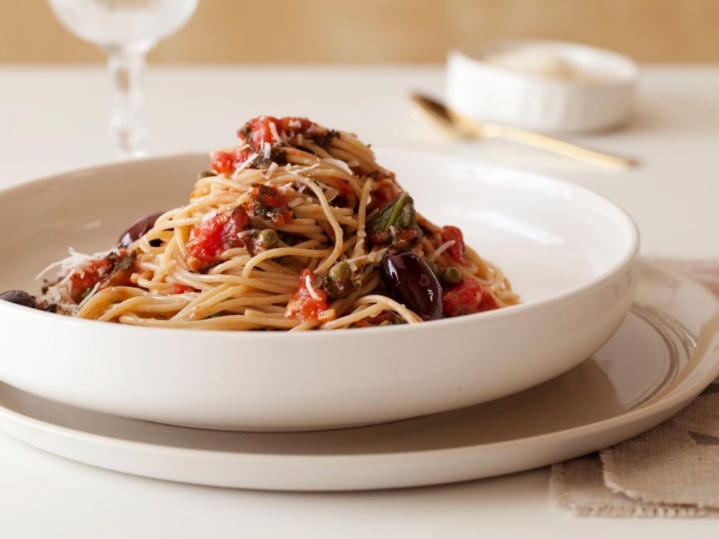 Spaghetti Puttanesca with Red Beans & Spinach