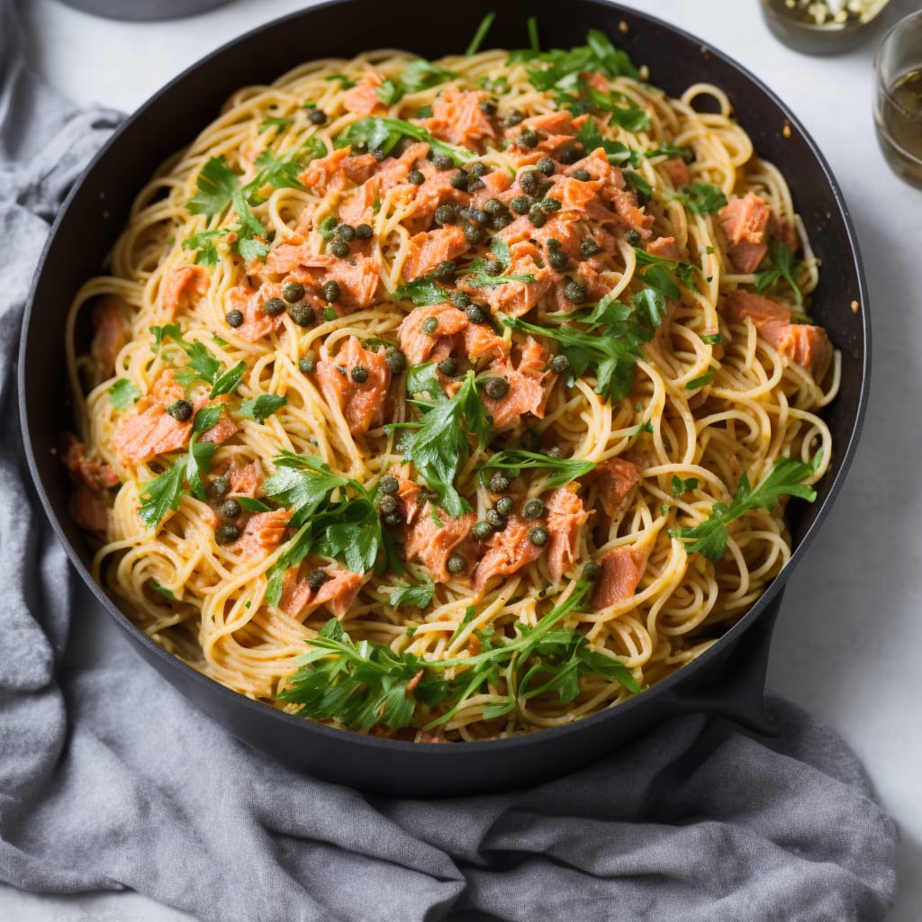 Spaghetti with hot-smoked salmon, rocket & capers