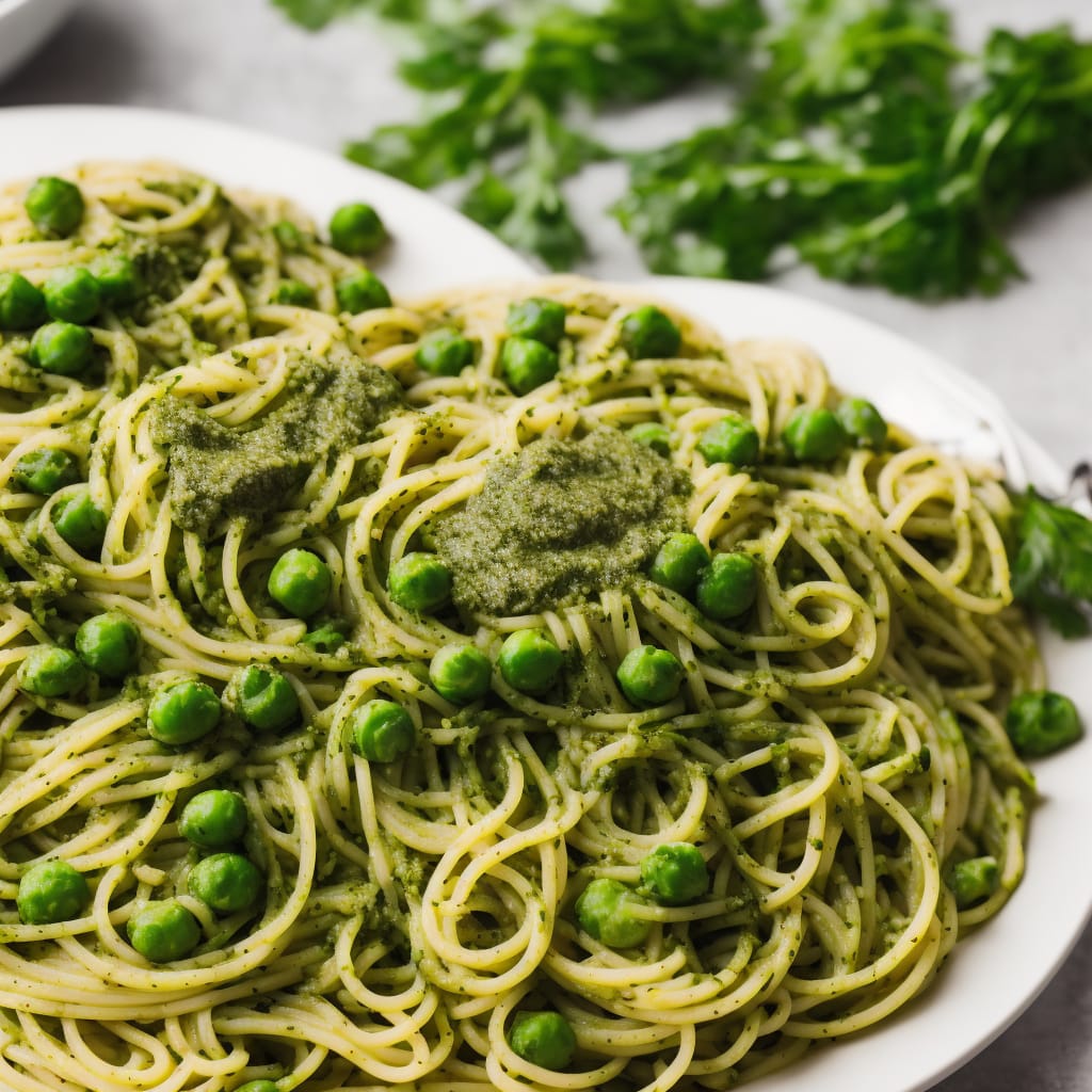 Spaghetti with Leeks, Peas & Pesto