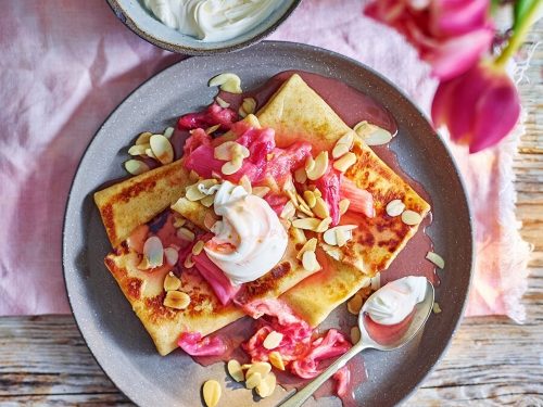 Spelt Pancakes with Rhubarb & Crème Fraîche