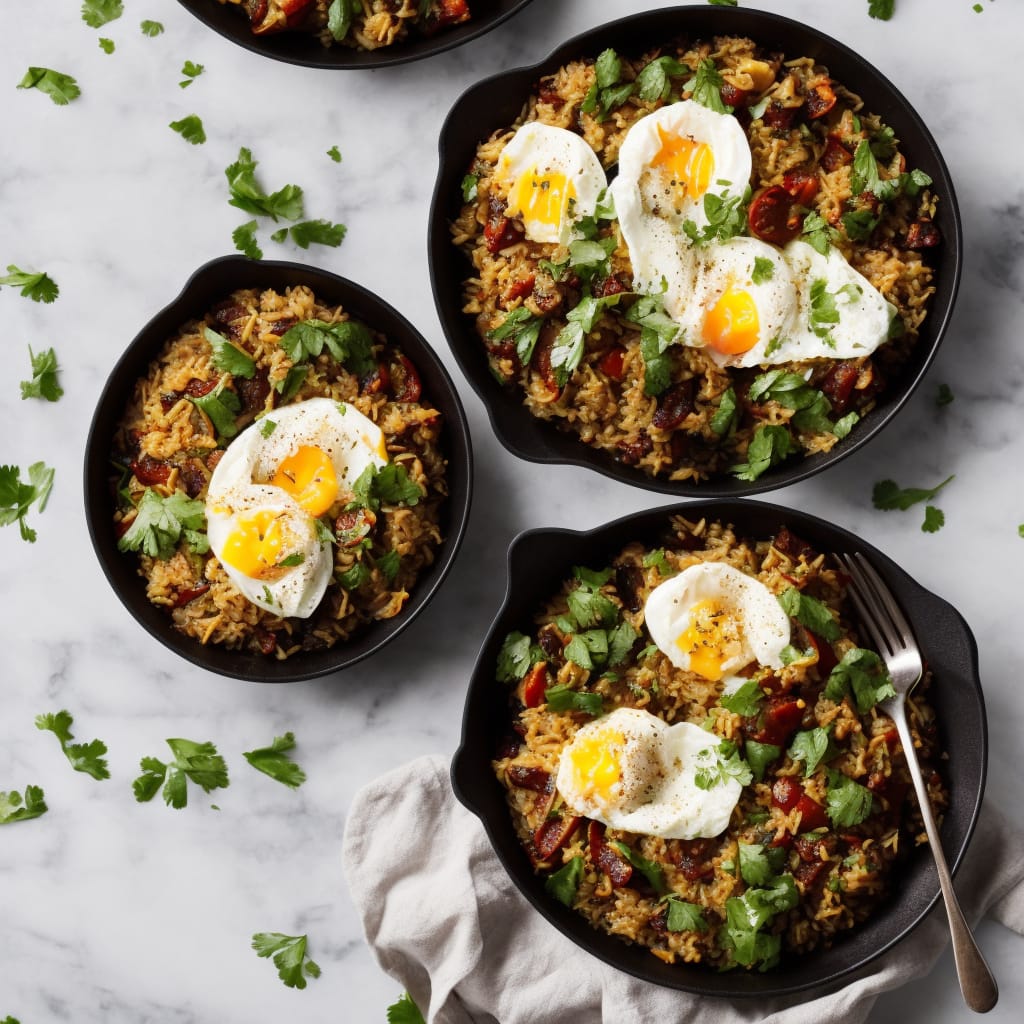 Spiced Aubergine Pilaf with Poached Eggs