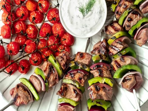 Spiced lamb skewers with pomegranate tzatziki