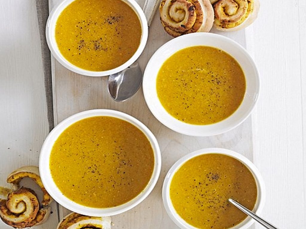 Spicy Lentil Soup with Curry Pinwheel Rolls