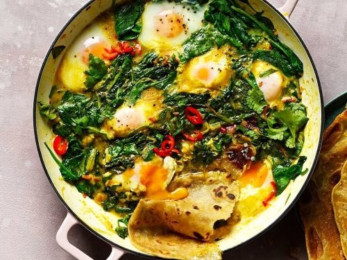 Spinach, Coconut & Turmeric Baked Eggs with Paratha