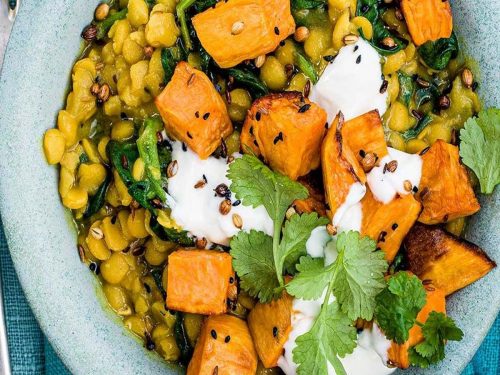 Spinach, sweet potato & yellow split pea purée