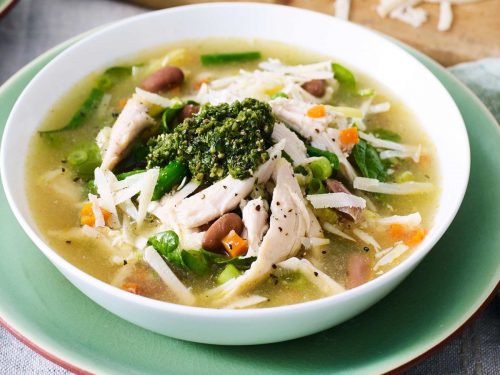 Spring Vegetable Broth with Shredded Chicken