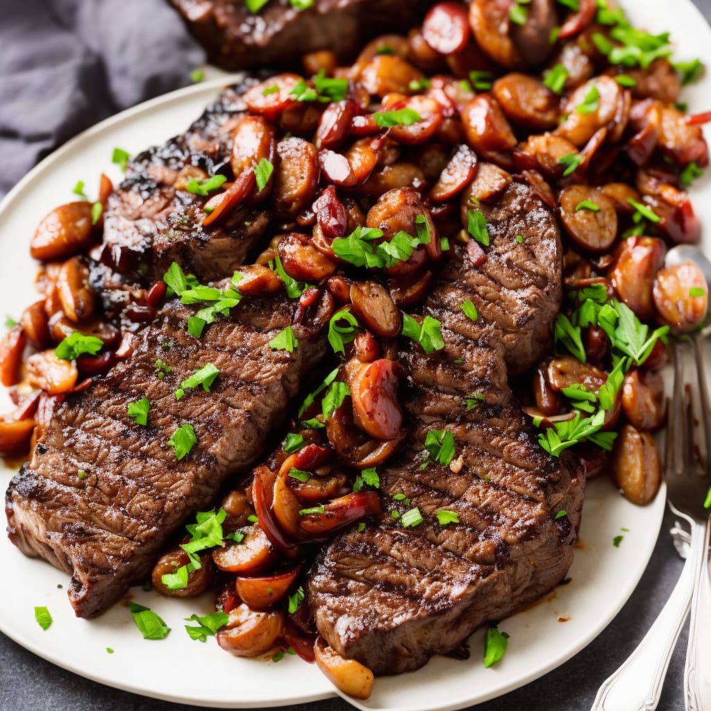 Steak & Sticky Red Wine Shallots