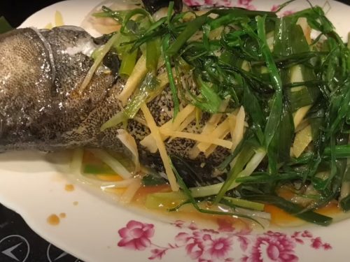 Steamed fish with ginger & spring onion