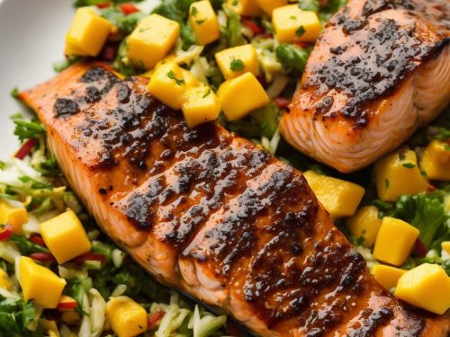 Sticky Jerk Salmon with Mango Slaw