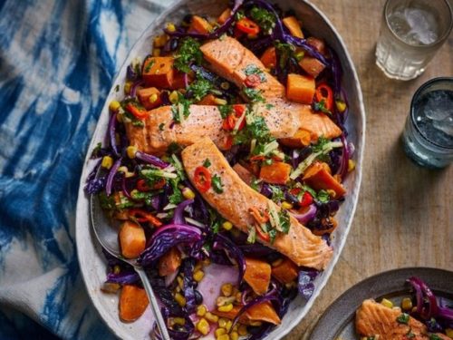 Sweet Potatoes with Red Pepper & Halloumi