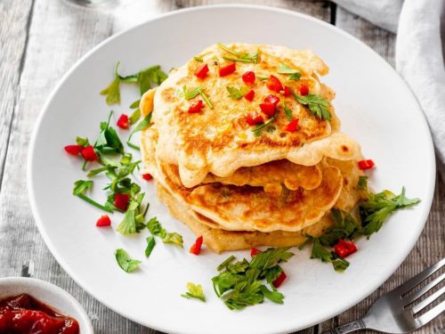 Sweetcorn Pancakes with Fried Eggs & Chorizo Salsa