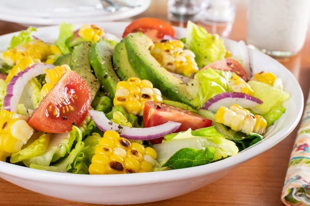 Tomato, Avocado & Corn Salad with Migas & Buttermilk Dressing