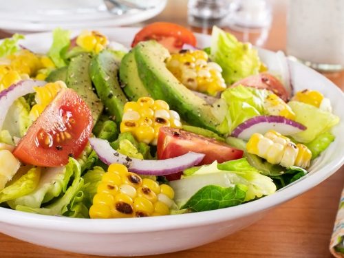 Tomato, Avocado & Corn Salad with Migas & Buttermilk Dressing