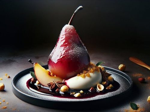 Vanilla Poached Pears with Almond Butter Porridge Topping