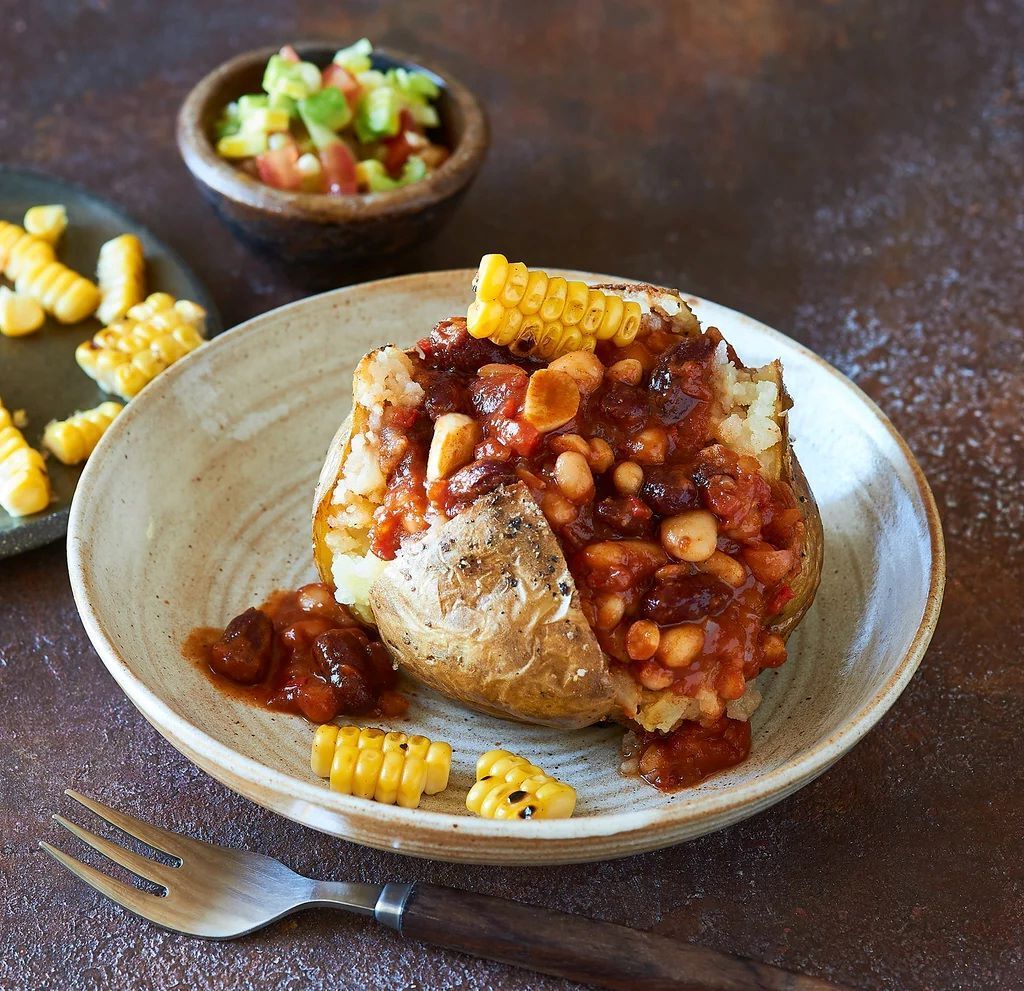 Vegan Three-Bean Chilli with Potato Jackets