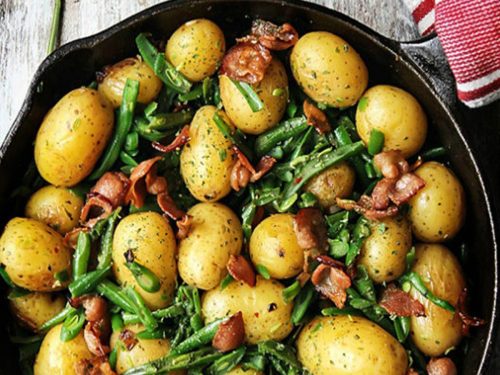 Warm new potatoes with cured ham & chives