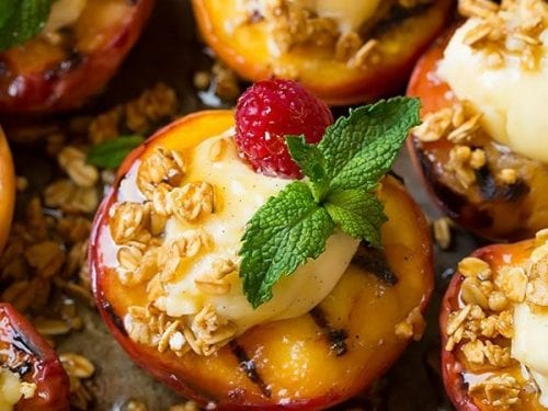 grilled peaches with vanilla bean mascarpone, honey and granola recipe