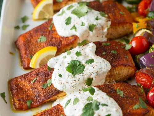 moroccan spiced salmon with lemon yogurt sauce recipe