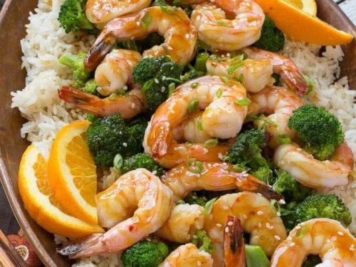 orange shrimp and broccoli with garlic sesame fried rice recipe