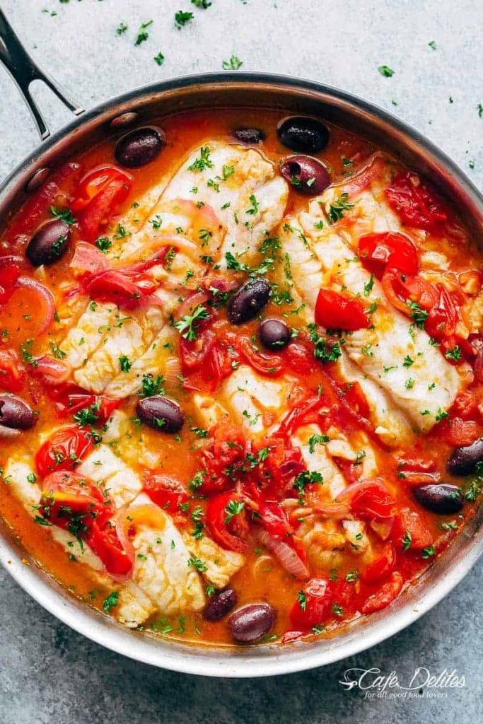 pan seared fish with tomatoes & olives recipe