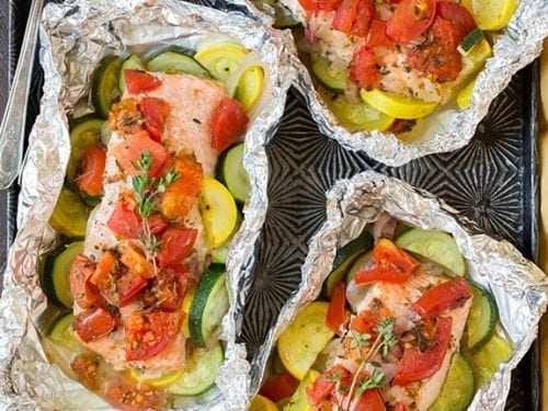 salmon and summer veggies in foil recipe