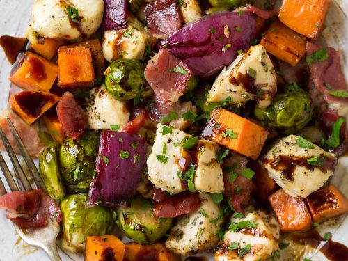 sheet pan chicken sweet potatoes and brussels sprouts with bacon and balsamic glaze recipe