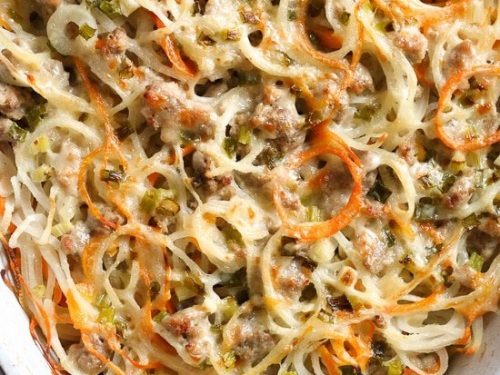 spiralized turnip and potato au gratin casserole with turkey recipe