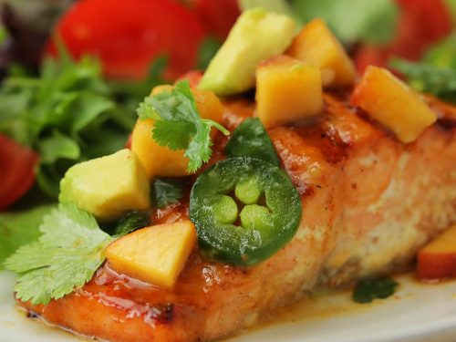 Mustard Salmon with Peach Avocado Salsa Recipe