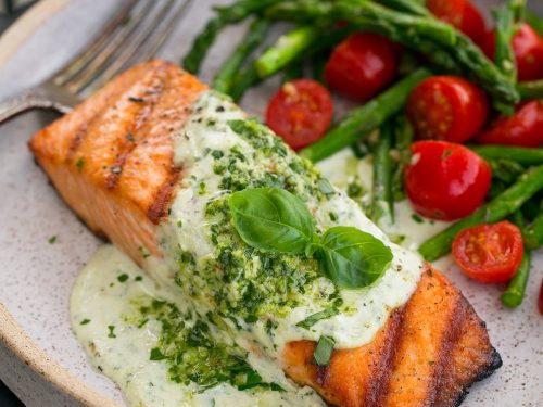 grilled salmon with creamy pesto sauce recipe