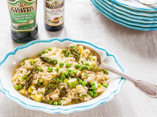 risotto with balsamic-roasted asparagus and peas recipe