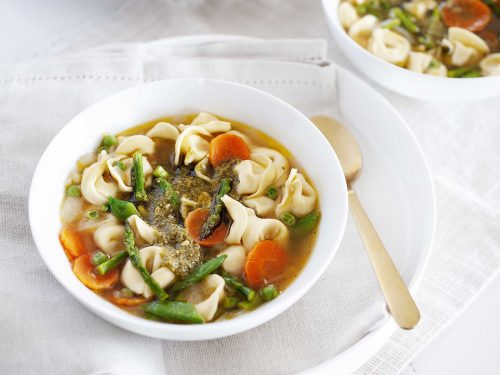 spring vegetable tortellini soup with pesto recipe