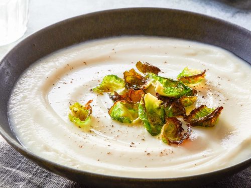 cream of celeriac soup with brussels sprouts chips recipe