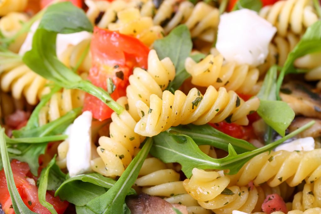 healthy arugula and goat cheese pasta salad